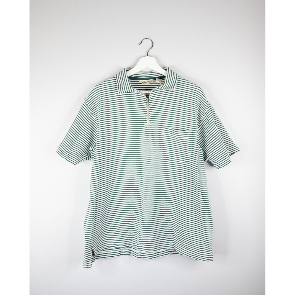 Eddie‎ Bauer 1/4 Zip Polo Mens Large Green White Striped Excellent Cotton Shirt